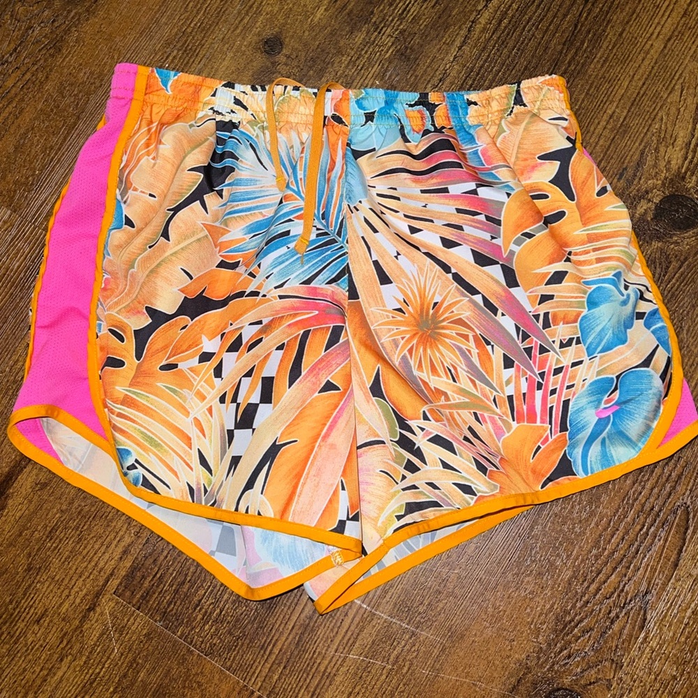 Nike Dri Fit Orange Pink Floral Tropical Activewear Workout Shorts Girls Size XL - Picture 2 of 8